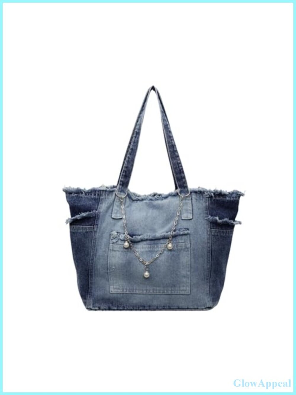 Women's Distressed Denim Tote Bag - Large Canvas Shoulder Bag with Zipper